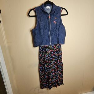 Vintage 90s Early Y2K Set of Zippered Jean Vest with Black Floral Sheath Dress